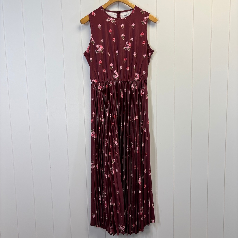 Womens Cocktail Pleated Sleeveless Maxi Dress Size L Burgundy Romantic Feminine